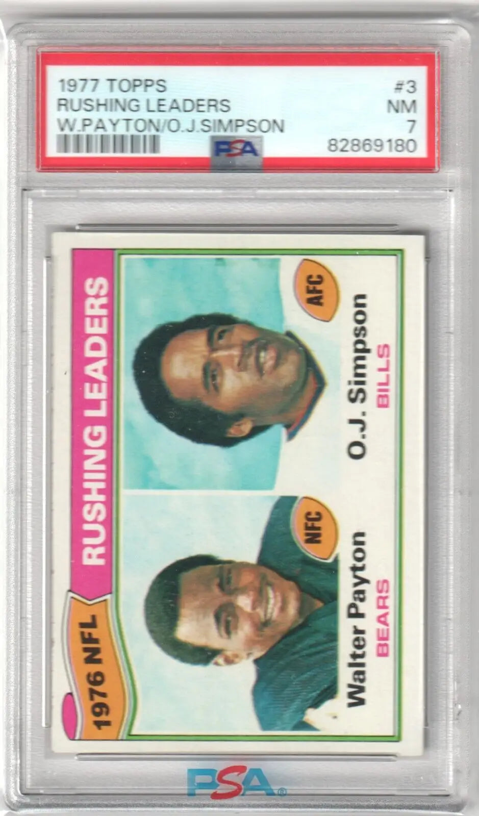 PSA-graded 1977 Topps NFL Rushing Leaders card featuring Walter Payton and O.J. Simpson