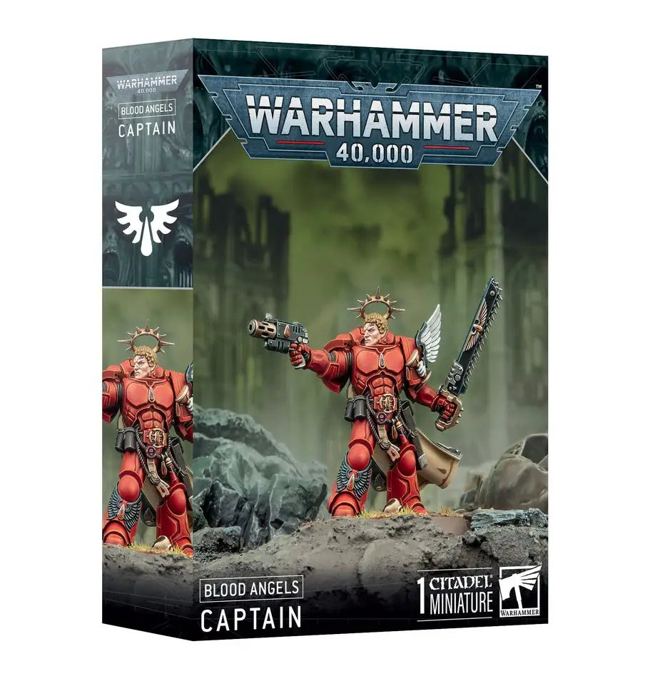 Blood Angels Space Marine Captain miniature in red power armor, a mysterious figure in Warhammer 40k