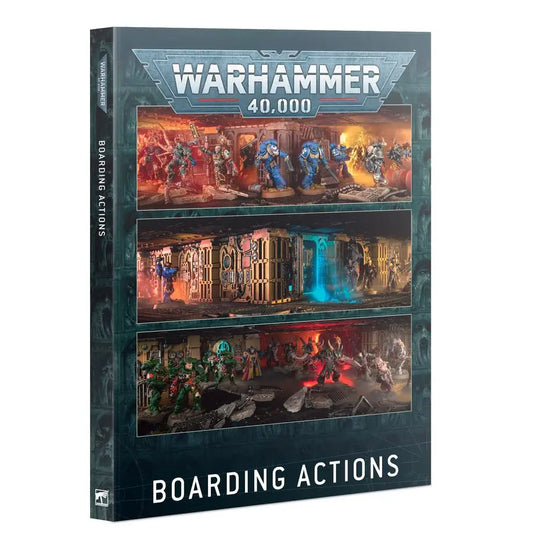 Warhammer 40k Boarding Actions rulebook cover features dynamic three-tiered combat scenes