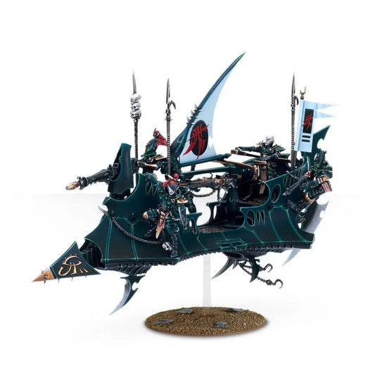 Dark-colored fantasy battle skiff with spikes in Warhammer 40k: Drukhari - Raider