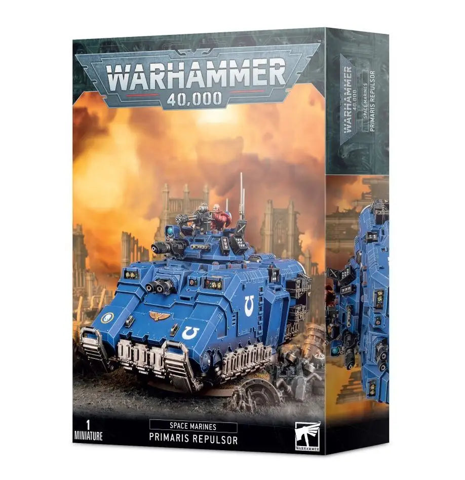 Blue Space Marine Primaris Repulsor tank model kit featuring Ironhail Heavy Stubber