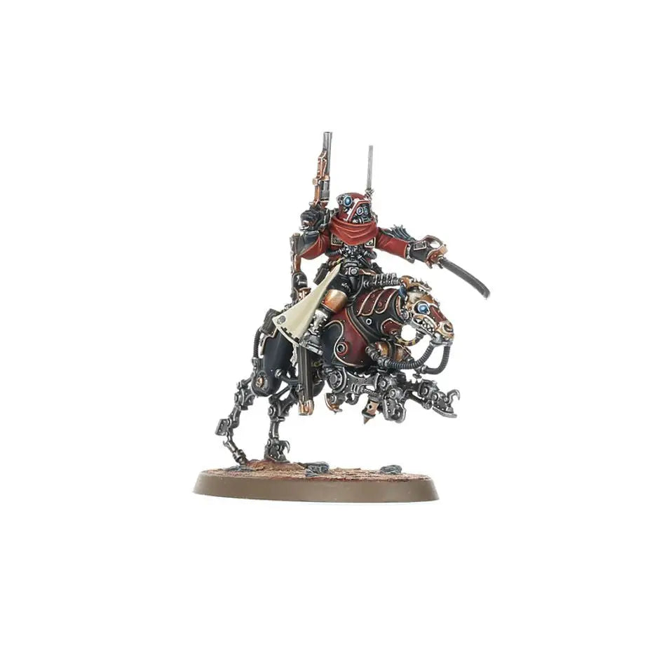 Red and black Serberys Raiders mounted construct from Adeptus Mechanicus trading cards