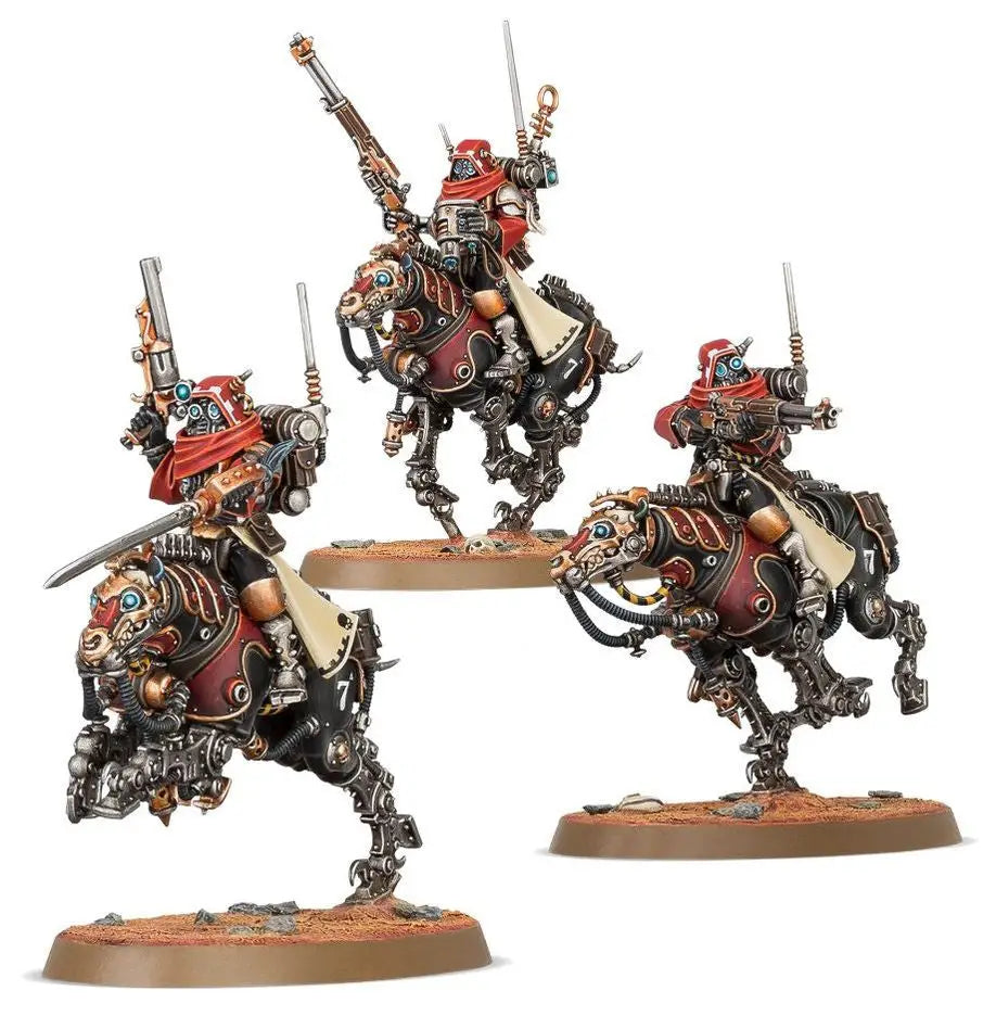 Three Serberys Raiders on robotic horses in red and bronze armor from Adeptus Mechanicus