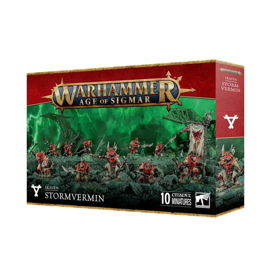 Warhammer Age of Sigmar Skaven Stormvermin miniatures game box with 10 figures