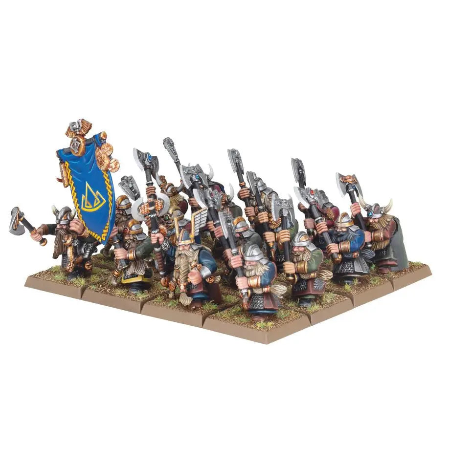 Dwarf warriors wielding axes and a blue battle standard from Dwarfen Mountain Holds