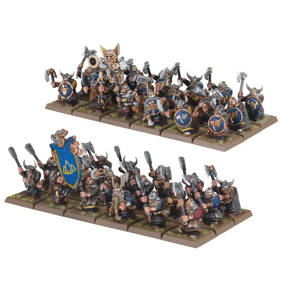 Two rows of Dwarf Warriors from Warhammer: Dwarfen Mountain Holds in formation