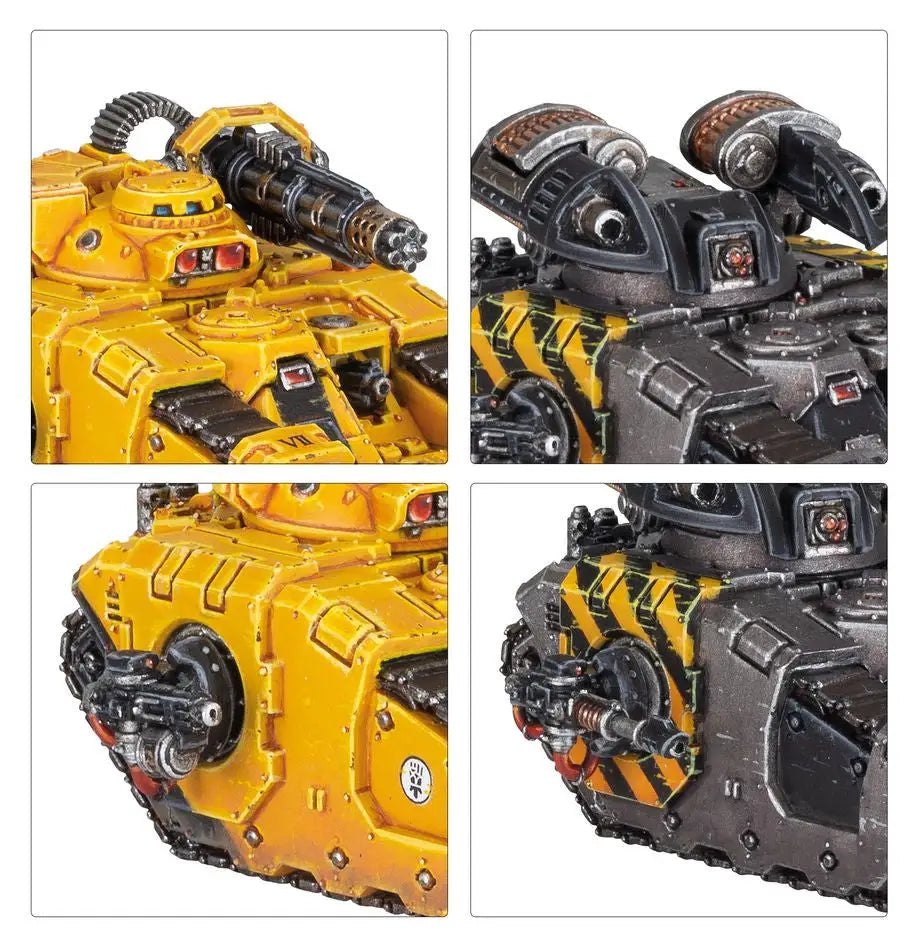 Yellow and black Sicaran Arcus vehicle from Legions Imperialis with weaponry features