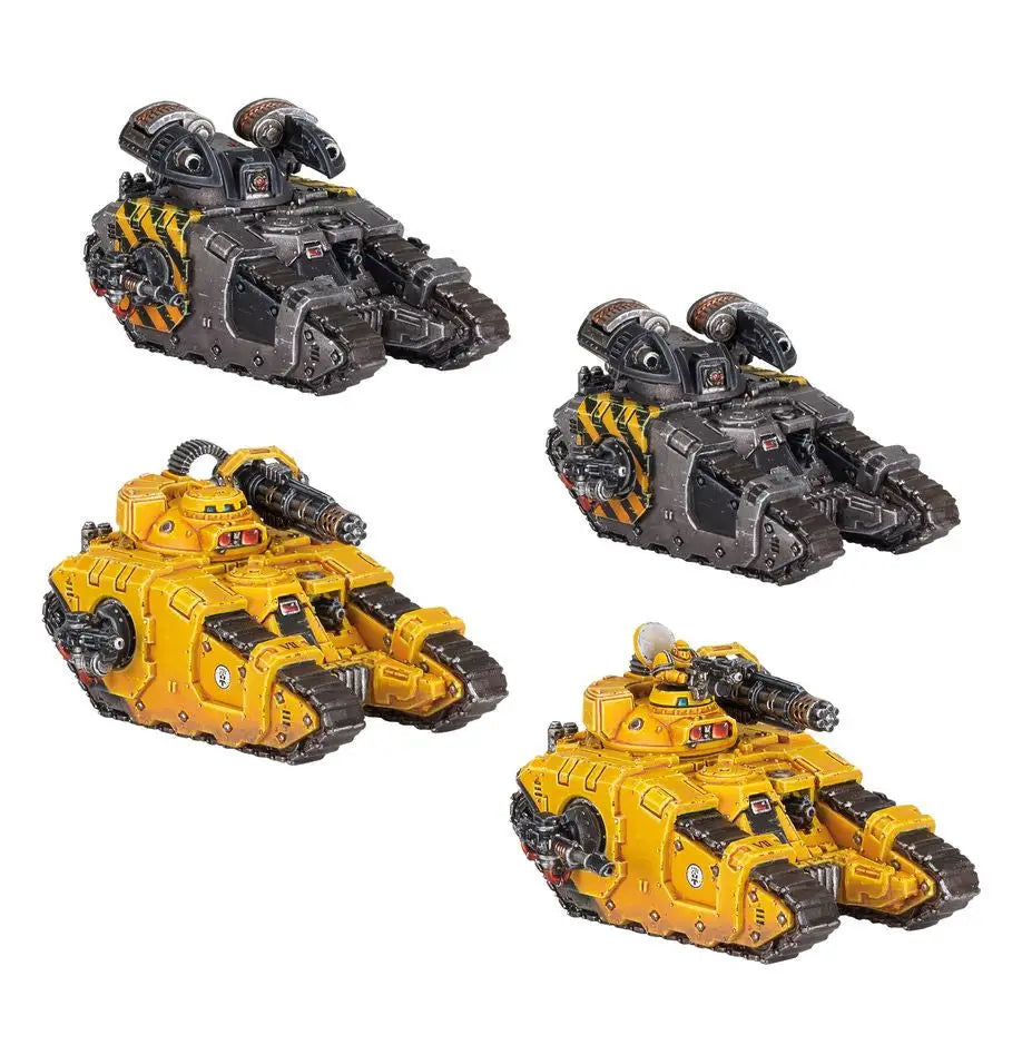 Miniature Sicaran Arcus Battle Tanks in yellow and black from Legions Imperialis