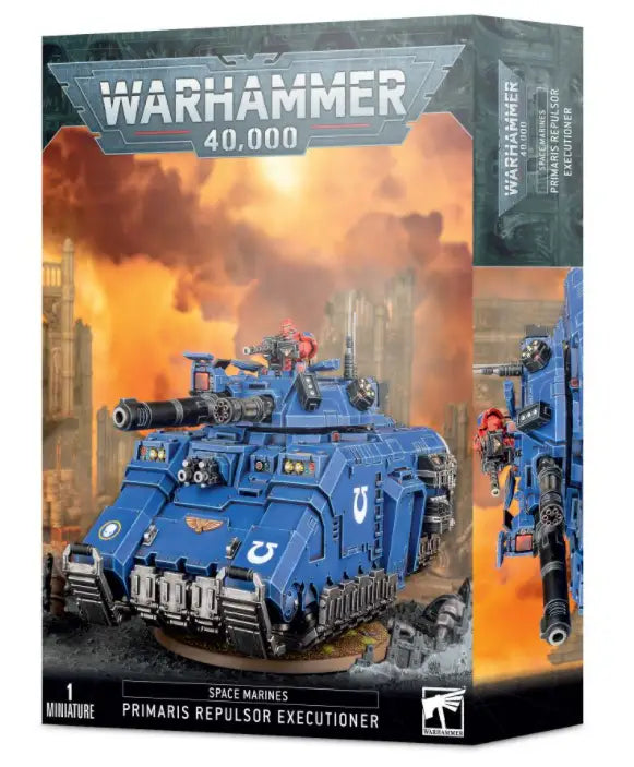 Blue Space Marine Primaris Repulsor Executioner tank with Ironhail Heavy Stubber weaponry