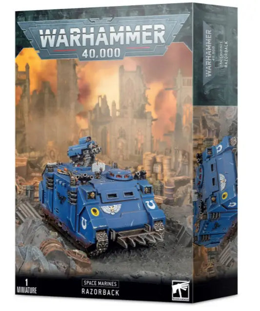 Blue Space Marine Razorback tank with weaponry for Warhammer collectible trading cards