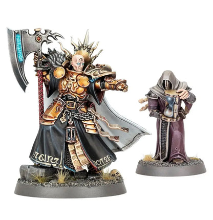 Heavily armored warrior and robed figure from Warhammer: STORMCAST ETERNALS in ruination chamber