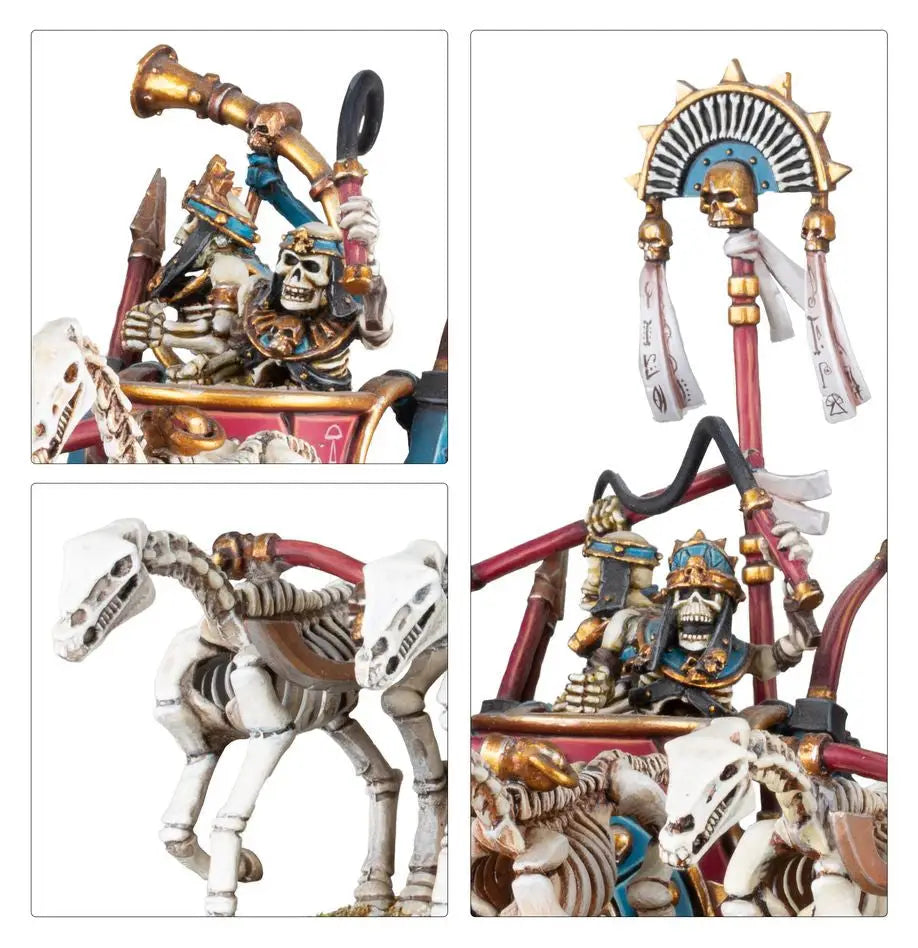 Colorful skeleton chariots and figurines inspired by Tomb Kings and Day of the Dead