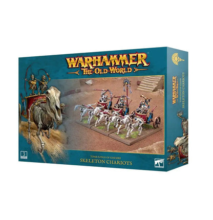 Warhammer: The Old World game box showcasing Tomb Kings Skeleton Chariots miniatures