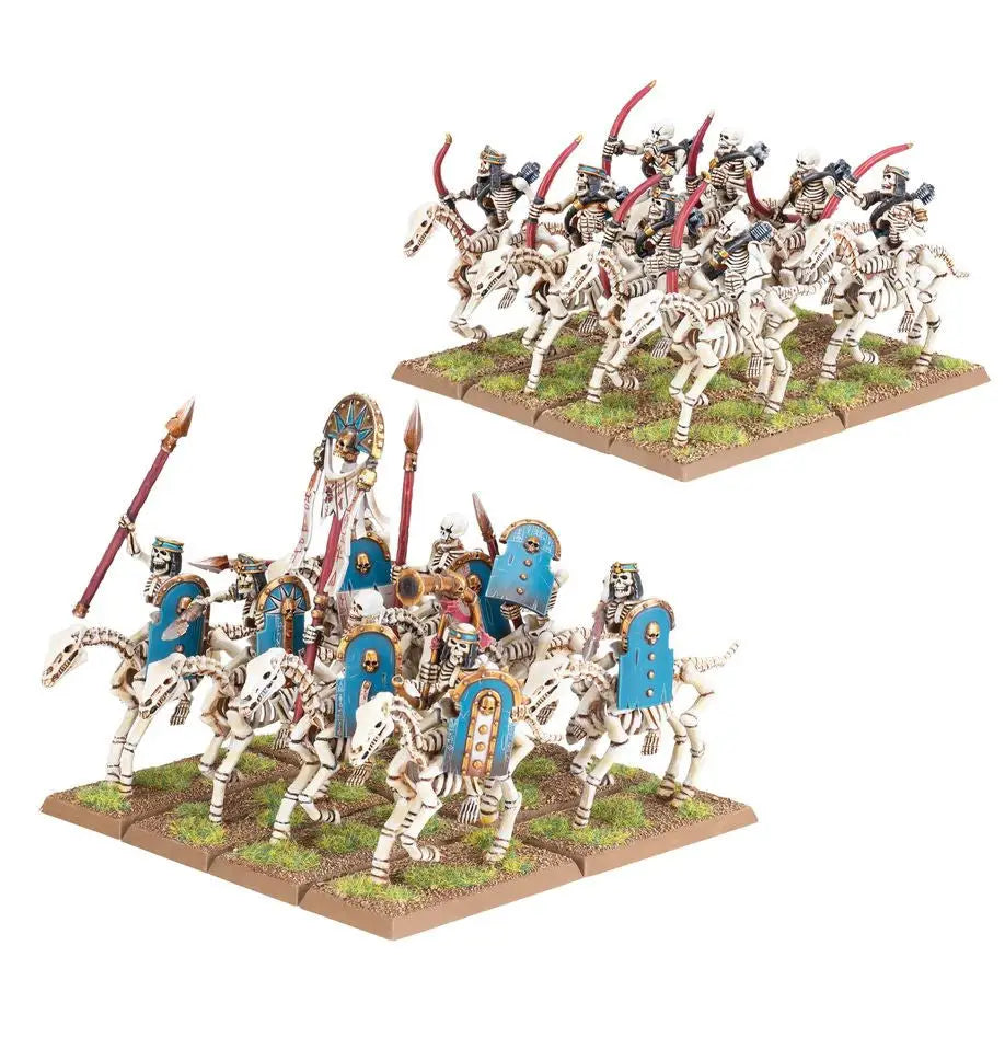 Miniature Skeleton Horsemen from Warhammer Tomb Kings, featuring pink banners and blue shields