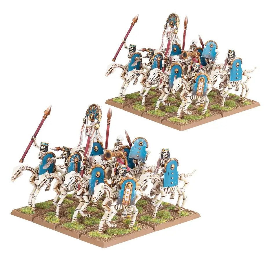 Miniature Skeleton Horsemen figurines in battle formation for Tomb Kings of Khemri