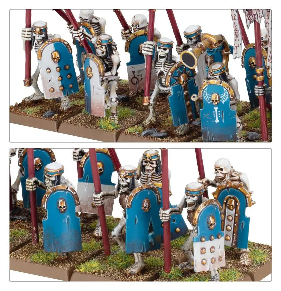 Miniature Skeleton Warriors from Tomb Kings with blue shields and red spears in battle