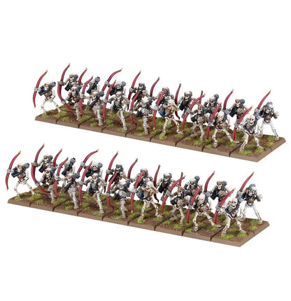 Rows of Skeleton Warriors from Warhammer Tomb Kings, detailed figurines with scythes