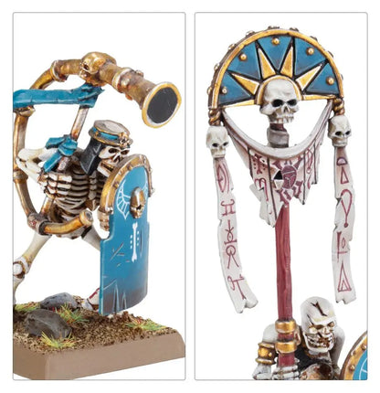 Skeleton warrior figurine from Tomb Kings wielding a hammer beside a skull-topped banner