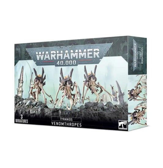 Warhammer 40,000 Tyranids Venomthropes model kit box showcasing alien creatures with spindly limbs