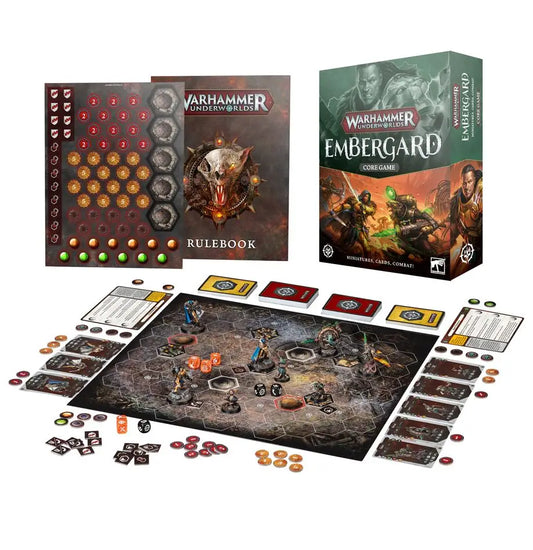 Warhammer Underworlds Embergard set with game board, miniatures, and Zikkit’s Tunnelpack