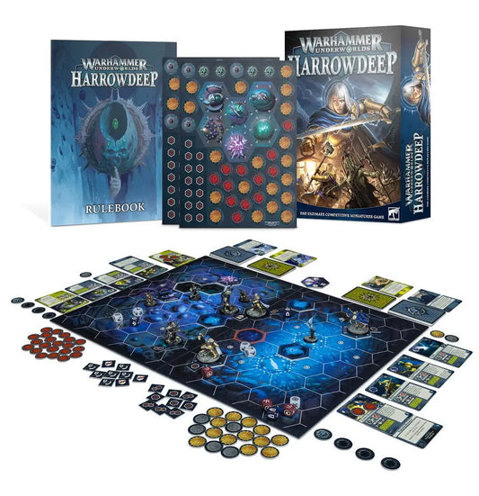 Warhammer Underworlds Harrowdeep game set featuring miniatures, rulebooks, and tokens