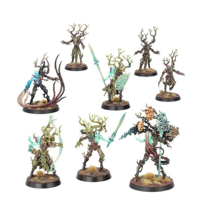 Painted Fantasy Miniature Figures with Glowing Weapons on Round Bases, Twistroot Revenant