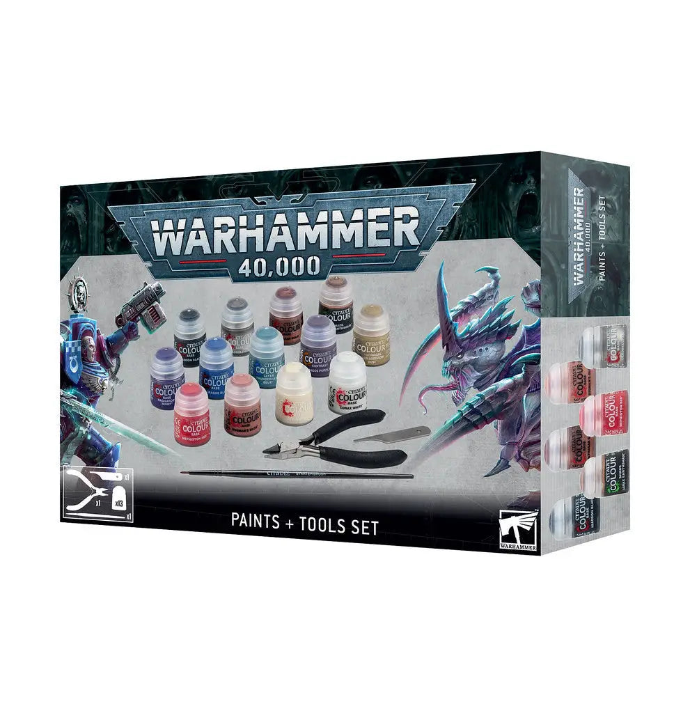 Warhammer 40,000 Paints + Tools Set including Citadel starter supplies and mouldline scraper