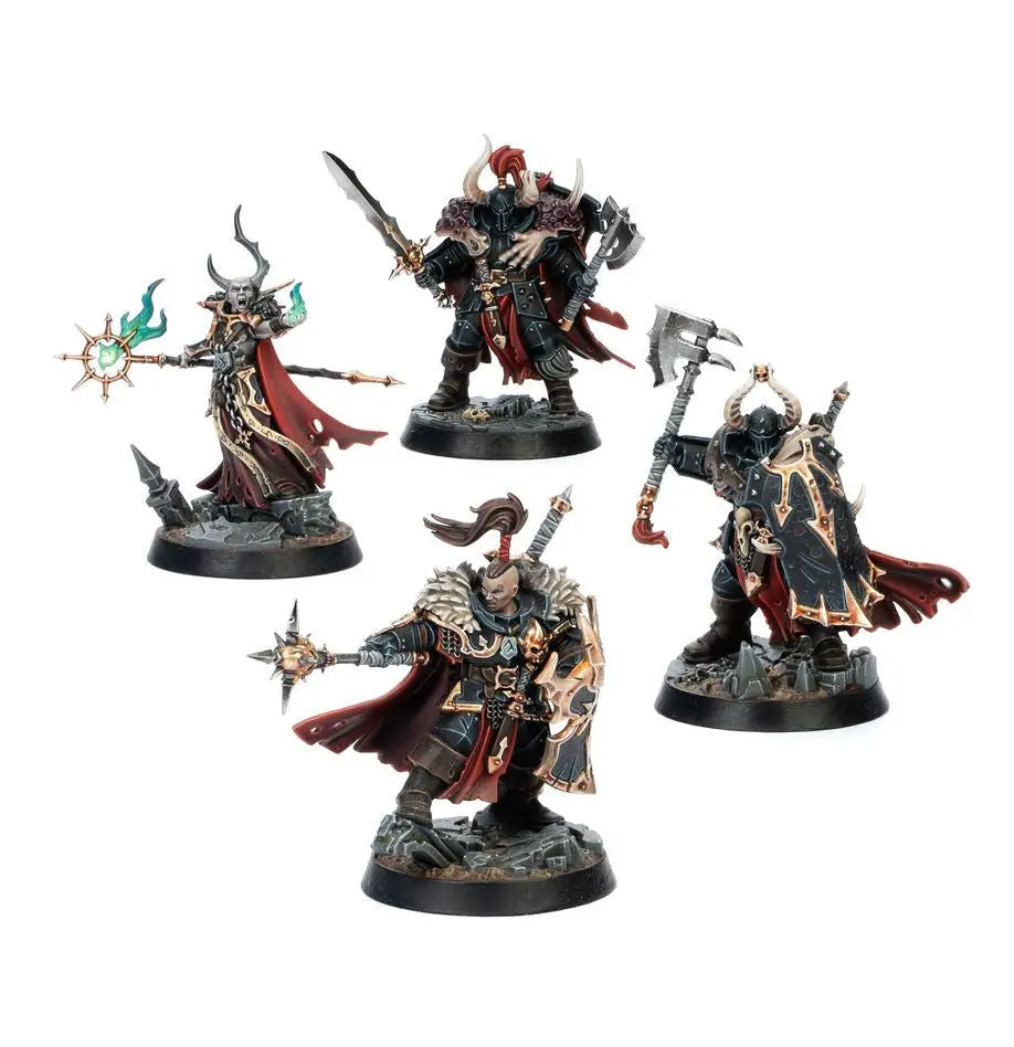 Miniature fantasy warriors in dark armor with weapons from Warhammer Underworlds game