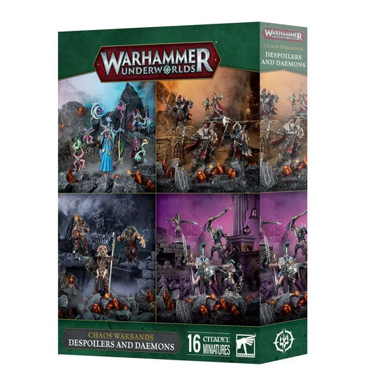 Warhammer Underworlds game box with Destriers and Daemons, featuring warscroll cards