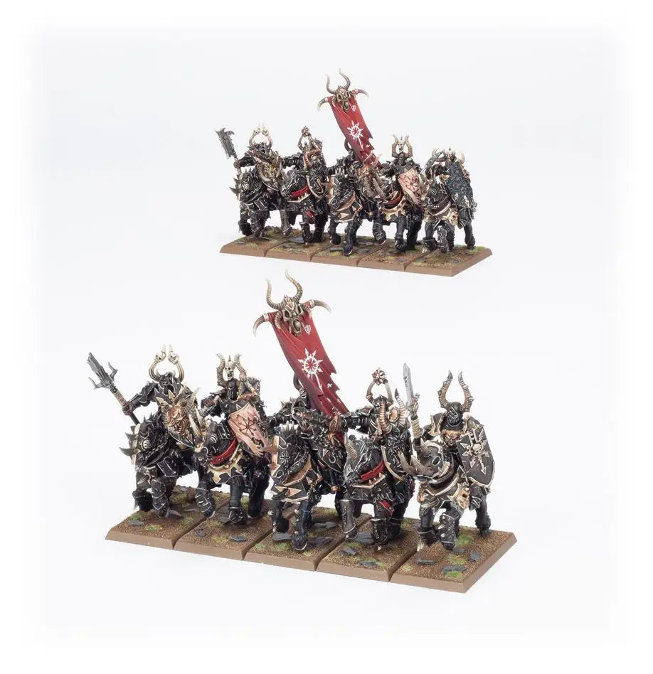 Miniature Chaos Knights in horned helmets and armor with red banners for Warhammer