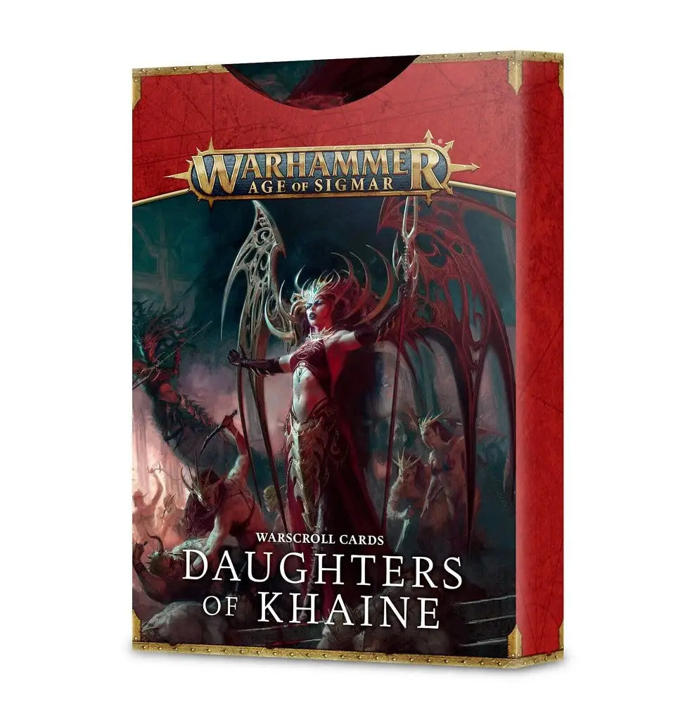 Red box of Warhammer Age of Sigmar warscroll cards for Daughters of Khaine with winged figures