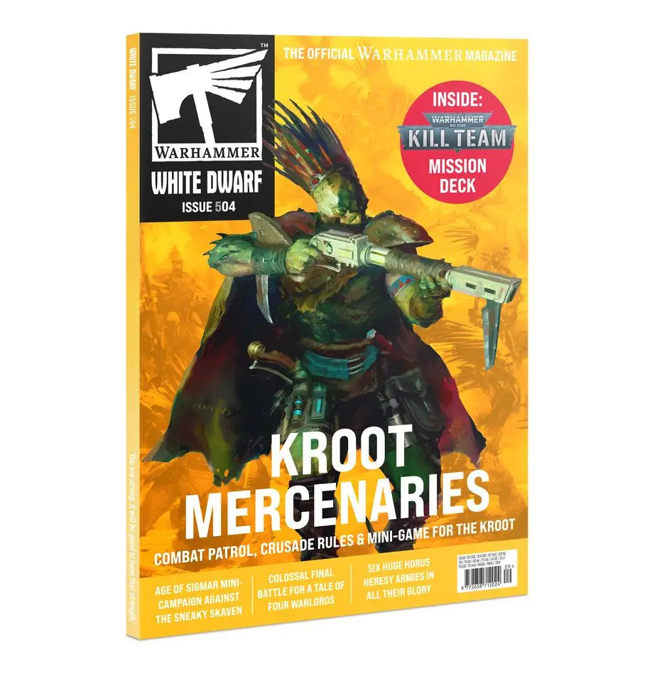 White Dwarf #504 featuring Kroot Mercenaries with orange background for collectible trading cards