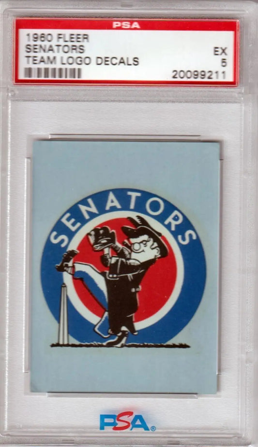 PSA-graded 1960 Fleer Senators team logo decal showcasing baseball player silhouette design