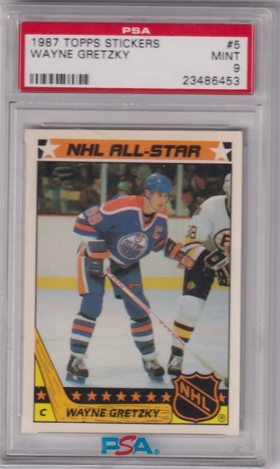 PSA-graded 1987 Topps NHL All-Star Wayne Gretzky hockey card in protective case for sale