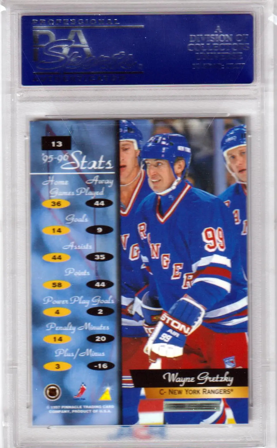 Wayne Gretzky 1996-97 Zenith trading card in New York Rangers blue jersey by Columbia Hobby