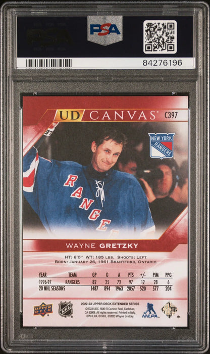 PSA-graded Wayne Gretzky Upper Deck Canvas hockey card in New York Rangers jersey