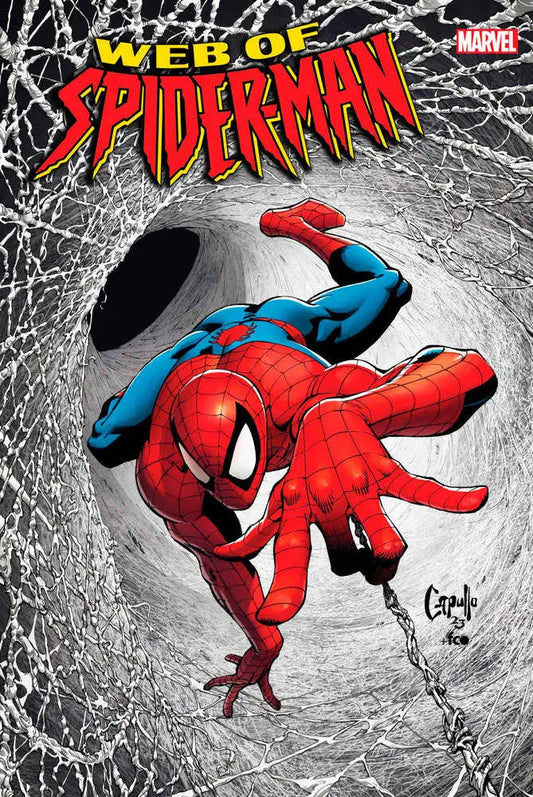 Crouching figure in red and blue costume with web patterns in Web Of Spider-Man #1 trading card