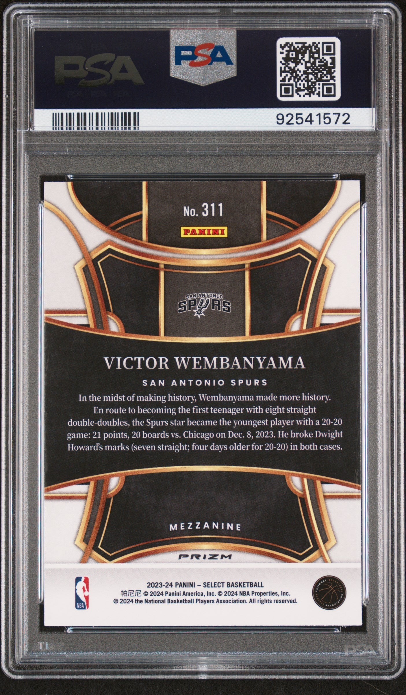 Victor Wembanyama 2023 Select #311 Orange Flash PSA 10 with QR code on card