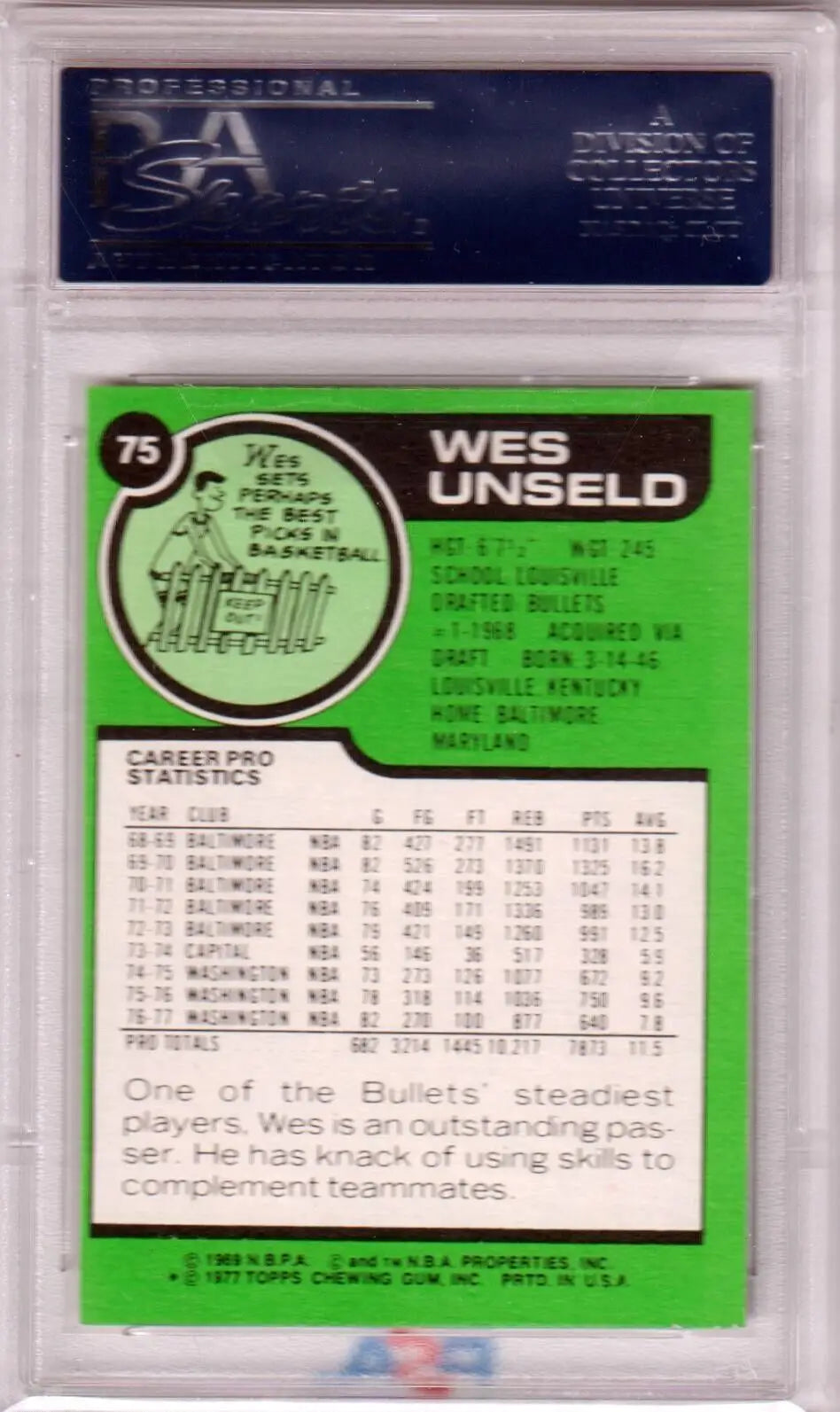 Wes Unseld 1977-78 Topps #75 PSA 9 MINT single card in protective case from Columbia Hobby