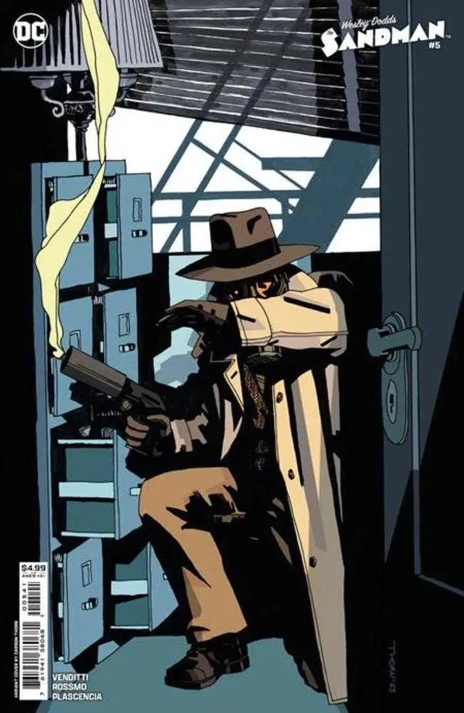 Wesley Dodds in a trench coat and fedora holding a gun in noir comic art illustration