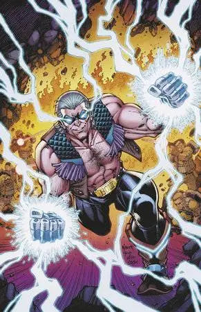 Muscular warrior in armor wielding lightning powers for trading cards collection