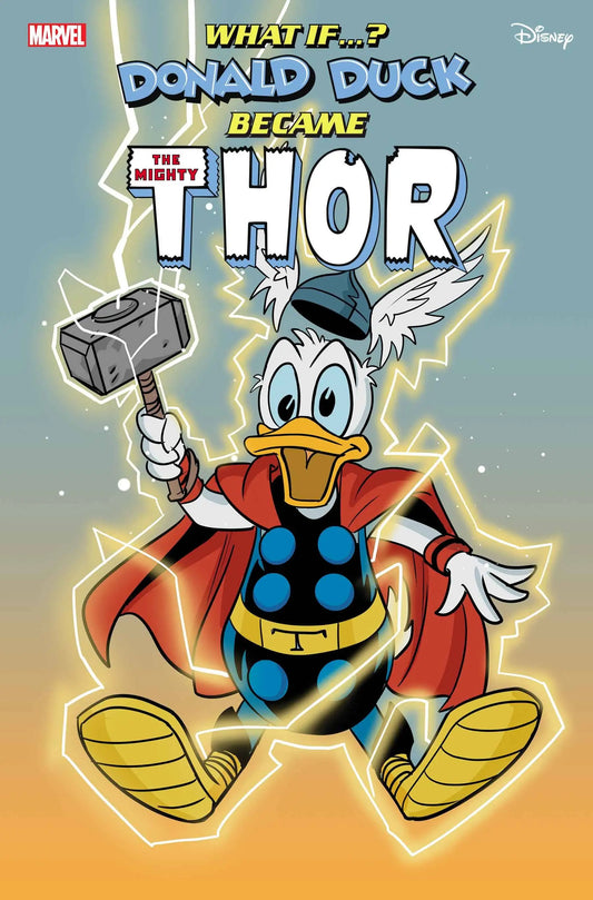 Donald Duck as Thor wielding Mjolnir with lightning effects in trading cards