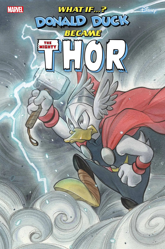 Comic book cover featuring Donald Duck as Thor with Mjolnir, lightning, and clouds