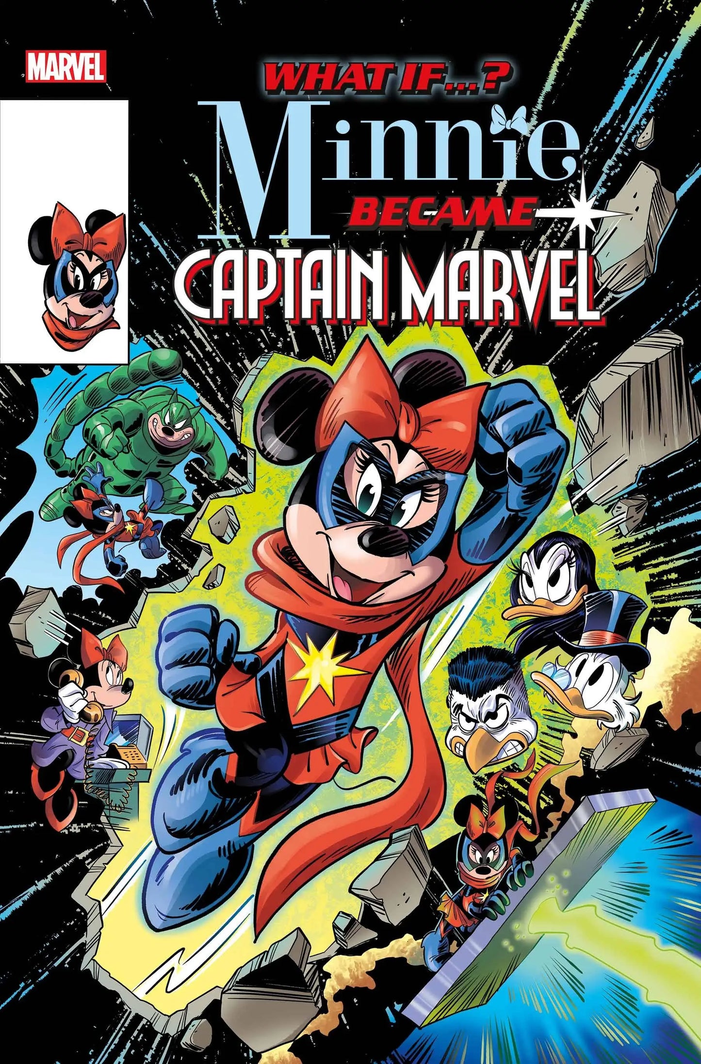 Comic book cover of Minnie Mouse as Captain Marvel in an action pose for trading cards