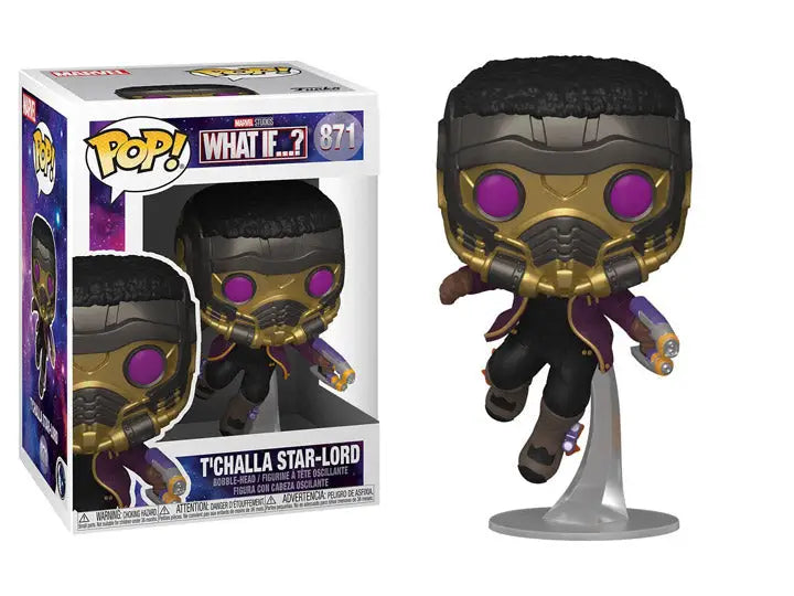 Funko Pop T’Challa Star-Lord figure from What If series, hovering mid-jump with gold mask