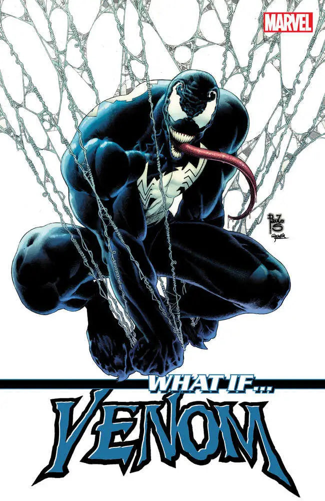 Venom crouches menacingly, showcasing its white spider symbol for Eddie Brock trading cards