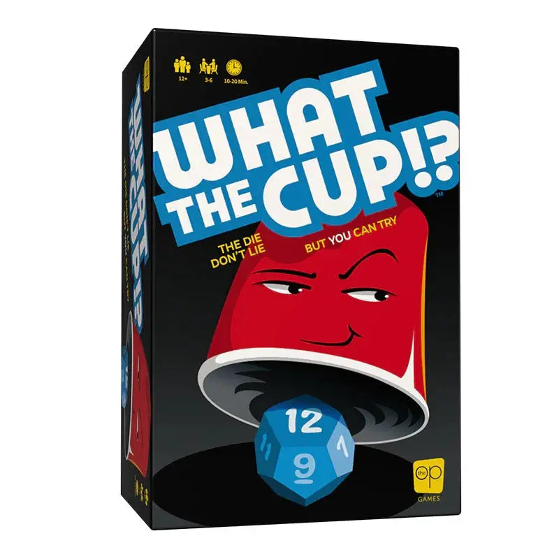 What The Cup! board game box featuring a red cup character and blue die, perfect for trading cards