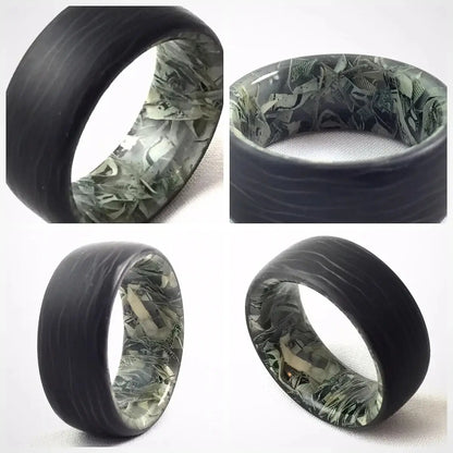 Four views of the Whatever Louie High Roller Carbon Fiber Ring in black and green