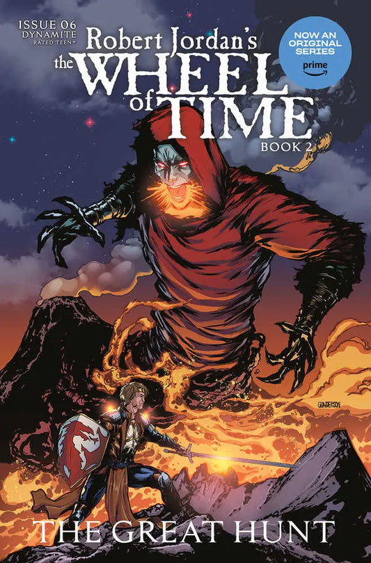 Cloaked figure with glowing eyes amidst flames on The Great Hunt Wheel of Time comic cover