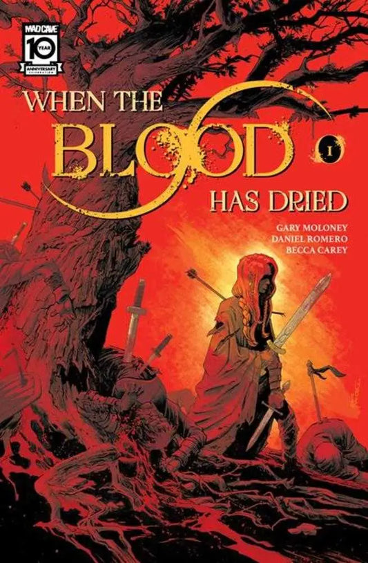 Comic book cover When The Blood Has Dried features silhouetted figure and red sky